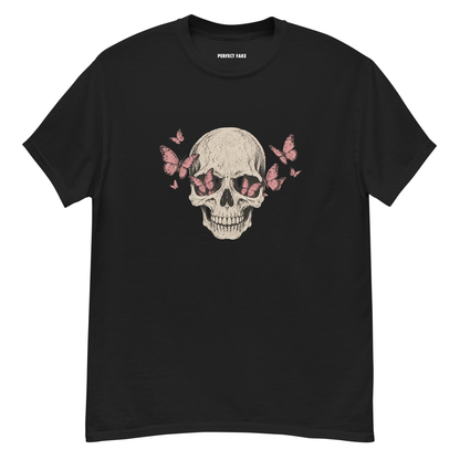 “Skull and Pink Butterflies” Tee — front view