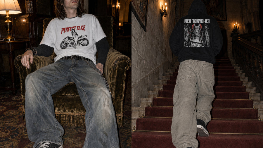 Model in the Rider T-shirt in a velvet armchair, and the Neo Tokyo-03 hoodie climbing a red-carpet staircase