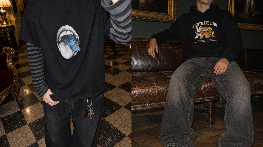 Blue butterfly mouth T-shirt on a marble floor, and the Nightmare Club hoodie on a museum bench