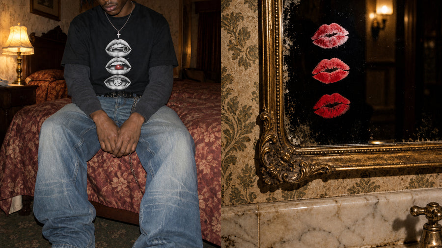 Three Mouths T-shirt in an old hotel room, and three lipstick kisses on a gilded mirror