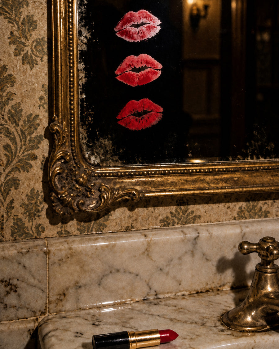 Three lipstick kisses on a gilded hotel mirror